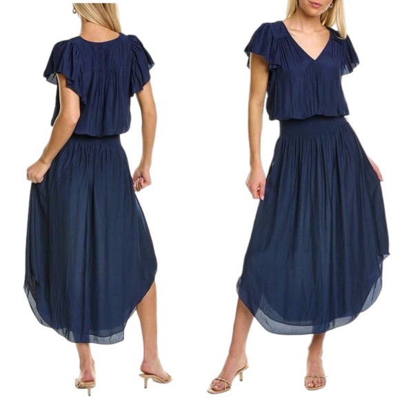 Ramy Brook Dresses & Skirts - RAMY BROOK Yassi Dress Short Sleeves V-Neck Crepe Elastic Waist Blue  NWT
